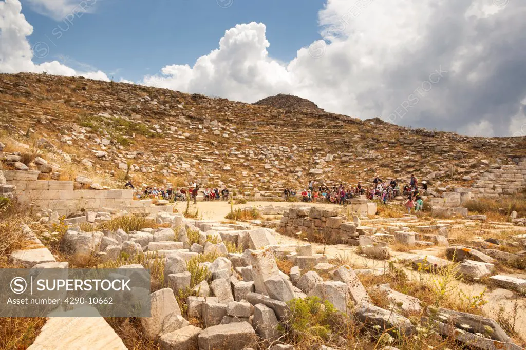 Ruins of the theatre at archaeological site, Delos, Mykonos, Greece