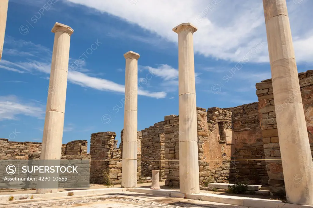 Ruins of columns in the House of Dionysus at archaeological site, Delos, Mykonos, Greece