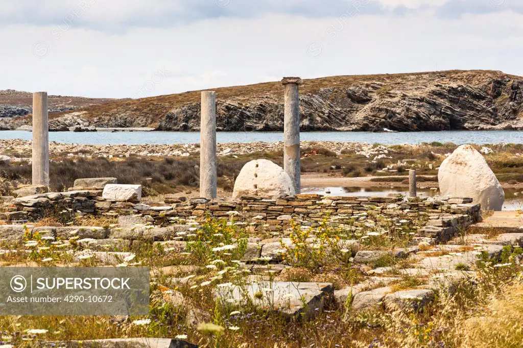 Ruins of Temple of Artemis at archaeological site, Delos, Mykonos, Greece