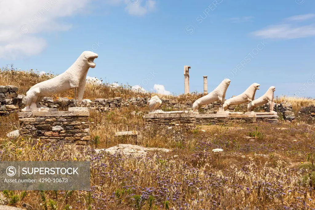 Terrace of the Lions at archaeological site, Delos, Mykonos, Greece