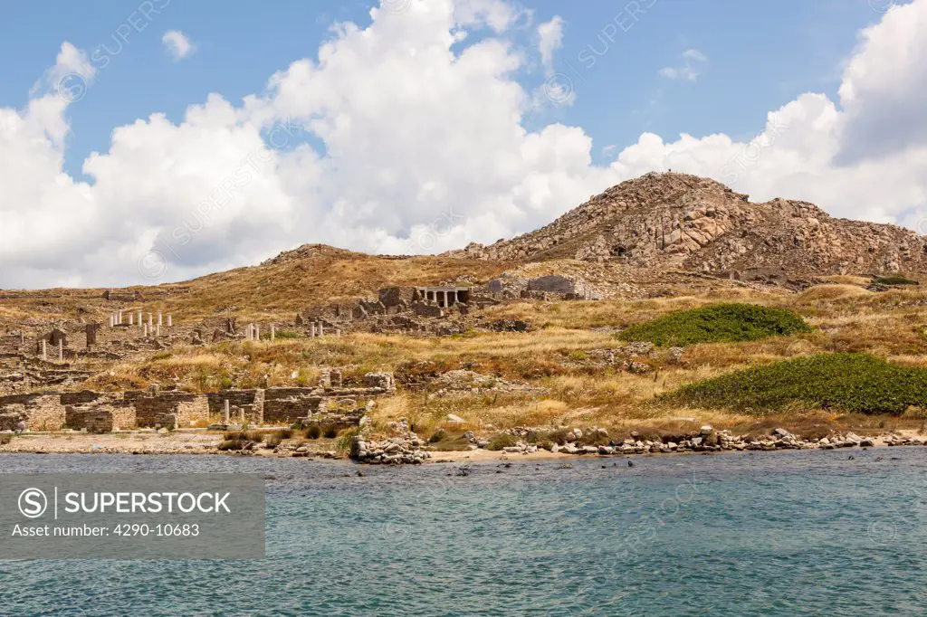 Archaeological site and Mount Kynthos at Delos, Mykonos, Greece