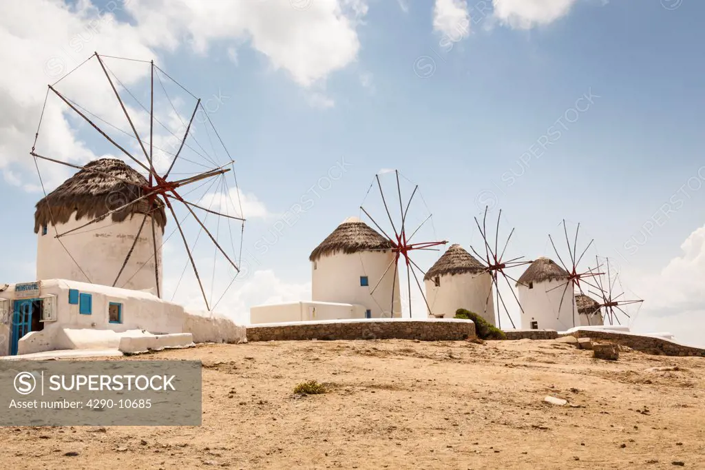 Five famous windmills in Chora, Mykonos, Greece