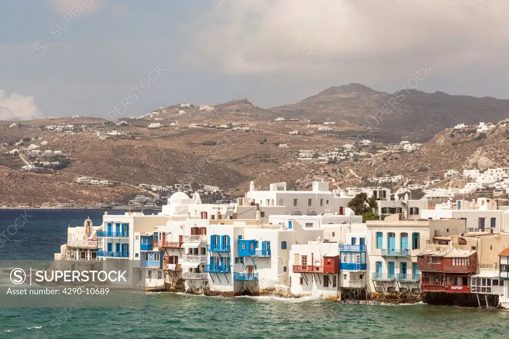 Town at the waterfront, Little Venice, Chora, Mykonos, Greece