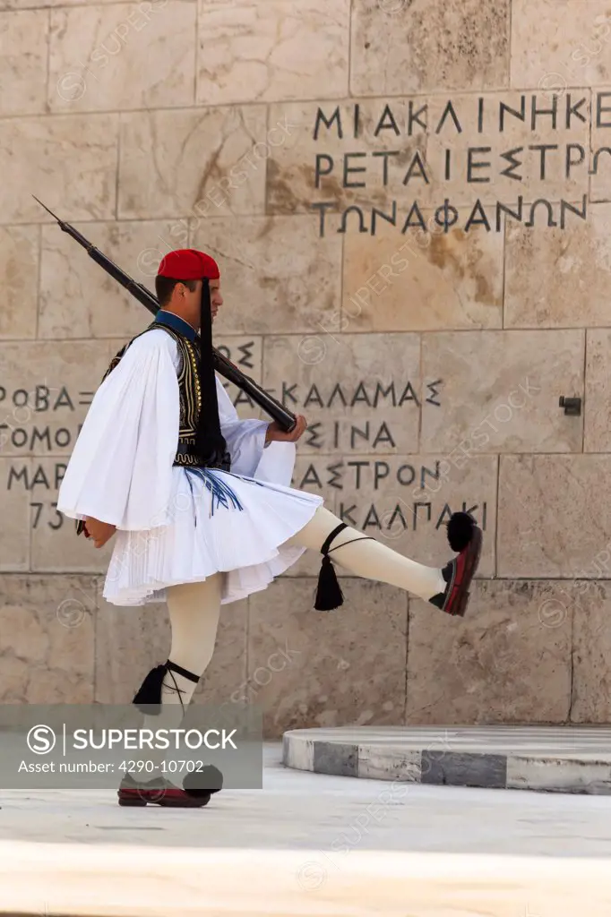 Greek soldier marching beside Tomb of the Unknown Soldier, Parliament Building, Athens, Greece