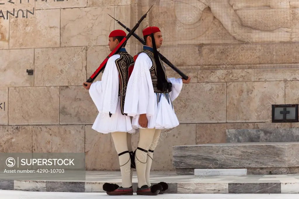 Greek soldiers beside the Tomb of the Unknown Soldier, Parliament Building, Athens, Greece