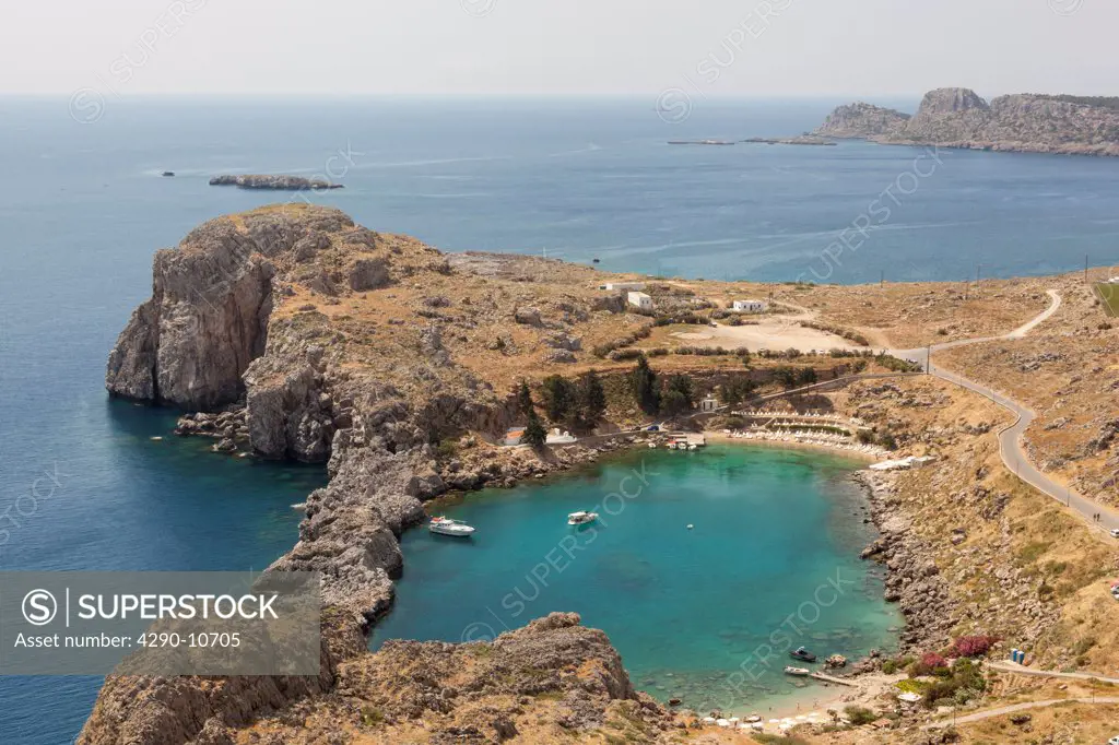 High angle view of St. Paul's Bay from the Acropolis of Lindos, Rhodes, Dodecanese Islands, Greece