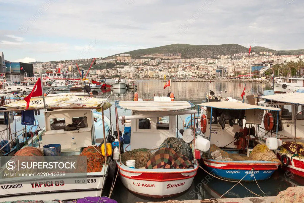 Fishing boats moored at a harbor, Kusadasi, Aydin Province, Turkey