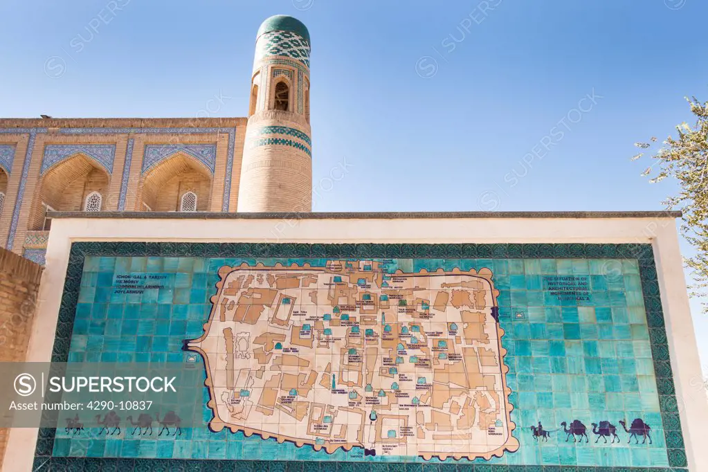 Tiled map of Khiva, Orient Star Hotel, formerly Mohammed Amin Khan Madrasah, behind, Ichan Kala, Khiva, Uzbekistan