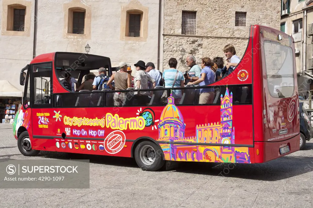 Tourists on Palermo city sightseeing bus, Monreale, near Palermo, Sicily, Italy