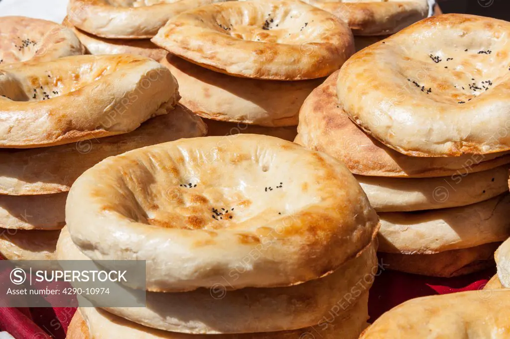 Non bread for sale, Siyob Market, also known as Siab Market, Samarkand, Uzbekistan