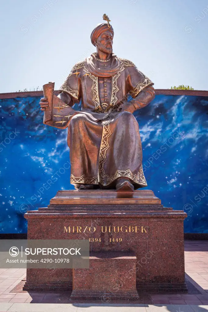 Ulugh Beg, also known as Mirzo Ulugbek, statue, at Ulugh Beg Observatory, Samarkand, Uzbekistan