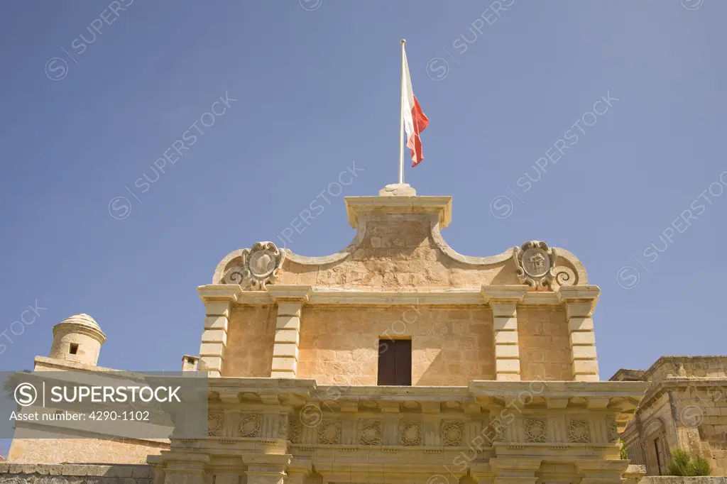 Top of Mdina Gate, also known as Main Gate and Vilhena Gate, at the entrance to the medieval city of Mdina, Malta