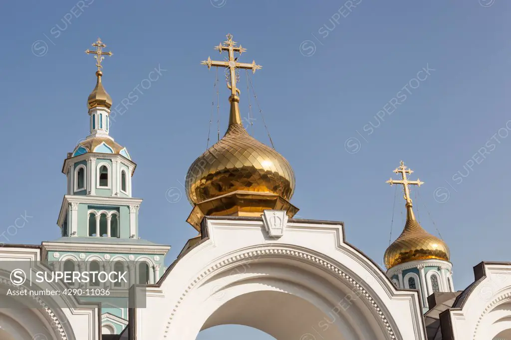 Bell tower and domes, Saint Uspensky Sobor Russian Orthodox Assumption Cathedral, Tashkent, Uzbekistan
