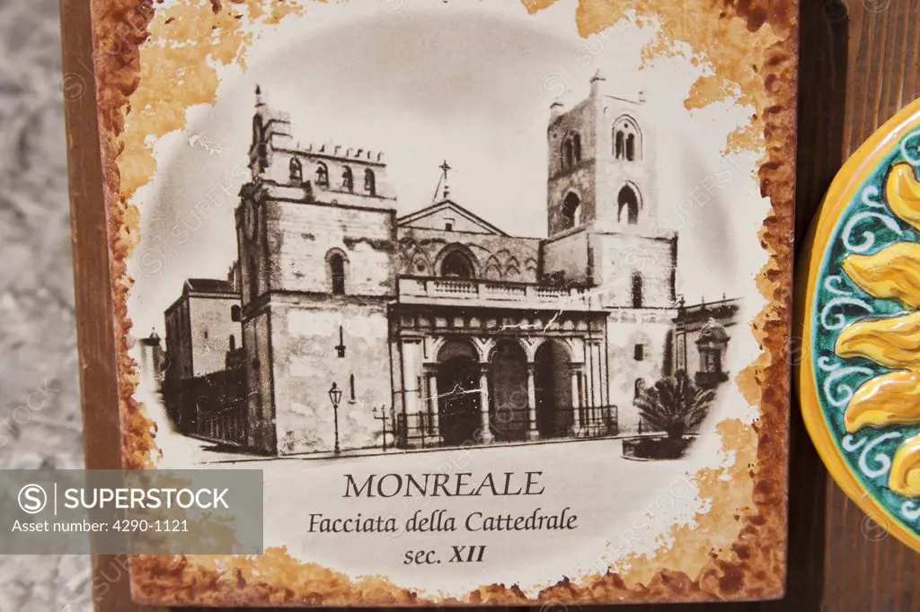 Monreale Cathedral depicted on a ceramic tile, Monreale, near Palermo, Sicily, Italy