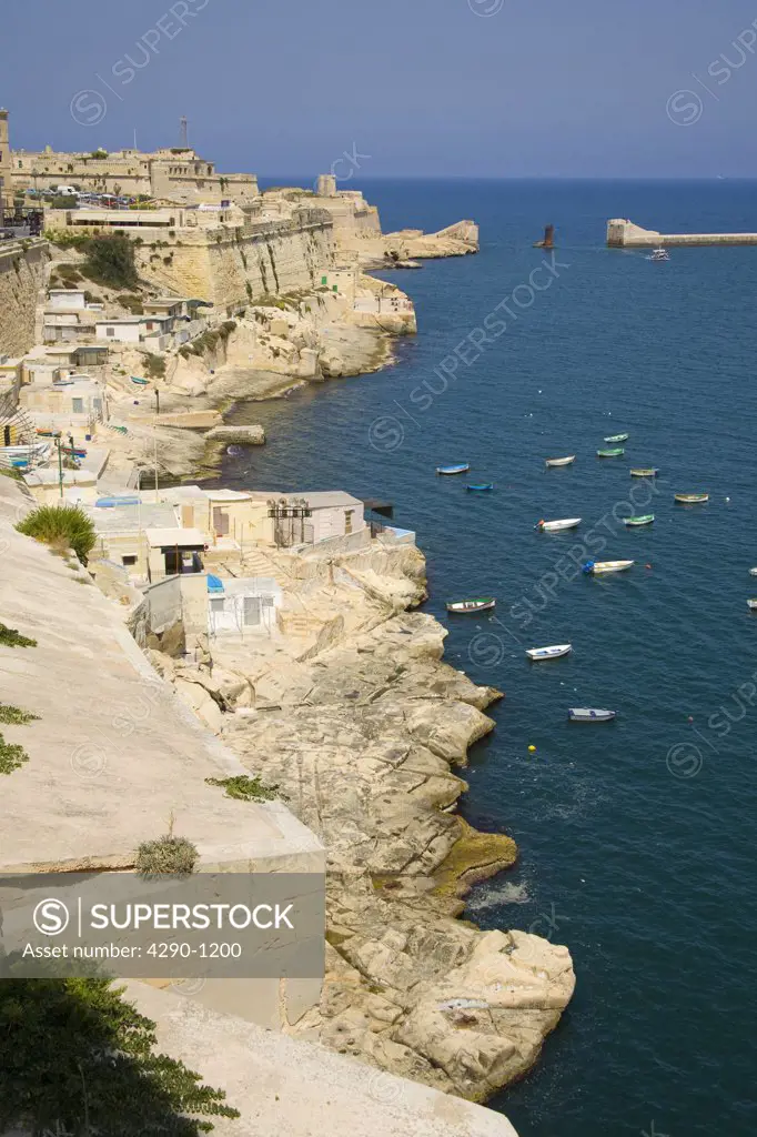 View of coastline and Fort Elmo, Valletta, Malta