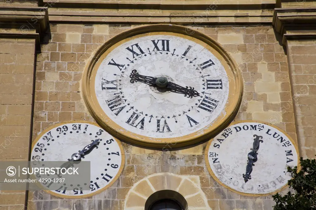 Clocks on the clock tower, Saint Johns Catholic Cathedral, Saint Johns Square, Valletta, Malta