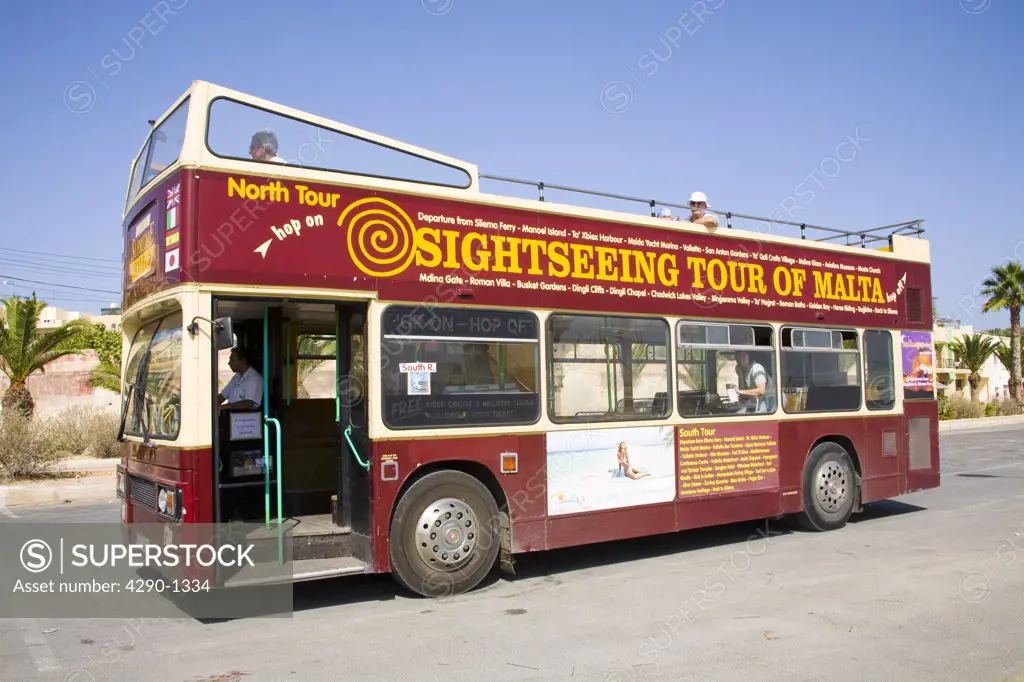 Malta sightseeing tour bus, Marsaxlokk, Malta
