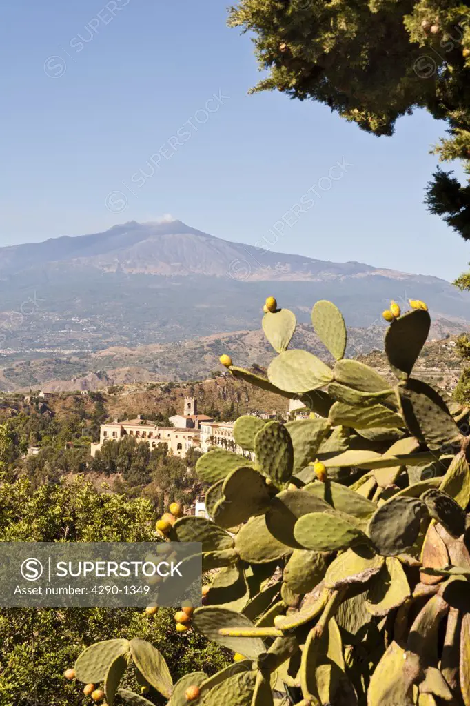 View of Mount Etna from Taormina, Sicily, Italy