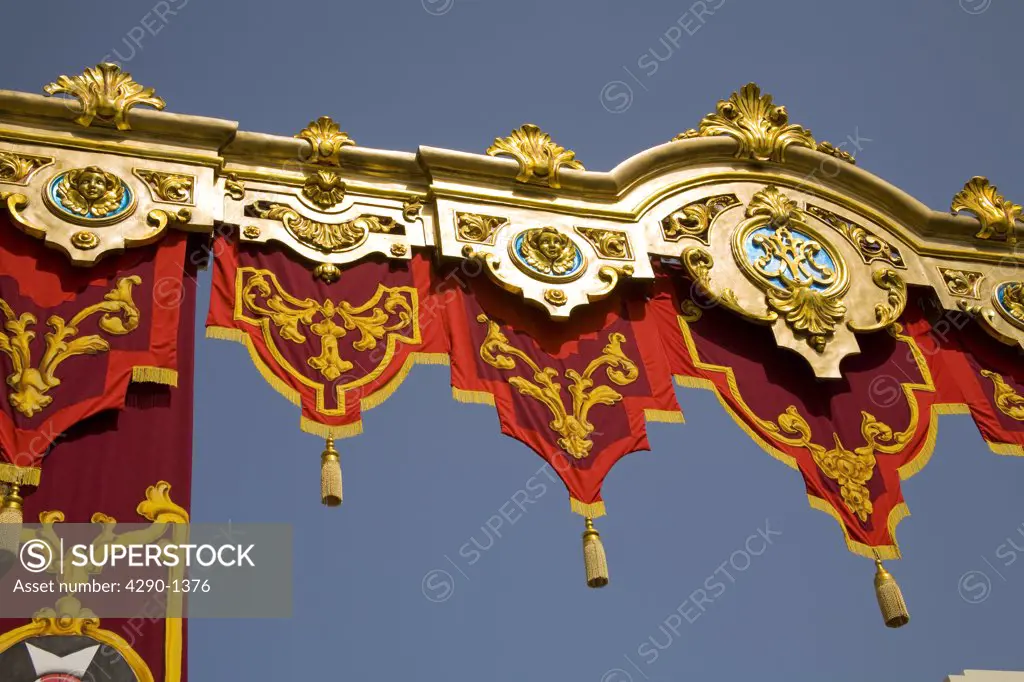 Colourful banners celebrating the Feast of the Nativity of Our Lady, Xaghra, Gozo, Malta