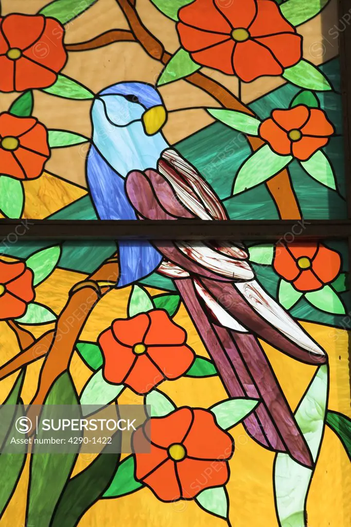 Colourful stained glass window of parrot perched in a tree, Trinidad, Cuba