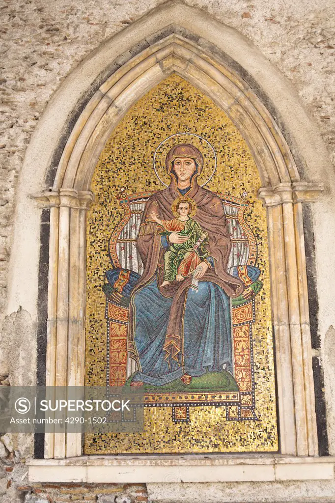 Mosaic of Mary and Jesus on wall of Torre dell Orologio, La Porta Di Mezzo, Piazza IX Aprile, Taormina, Sicily, Italy