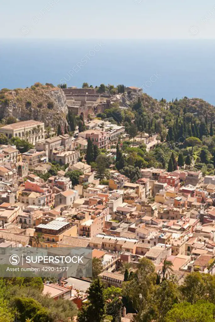 View of the town of Taormina, and Greek Theatre, Sicily, Italy