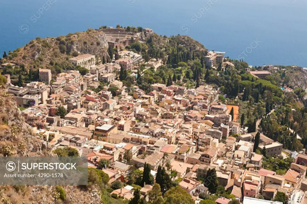 View of the town of Taormina, and Greek Theatre, Sicily, Italy