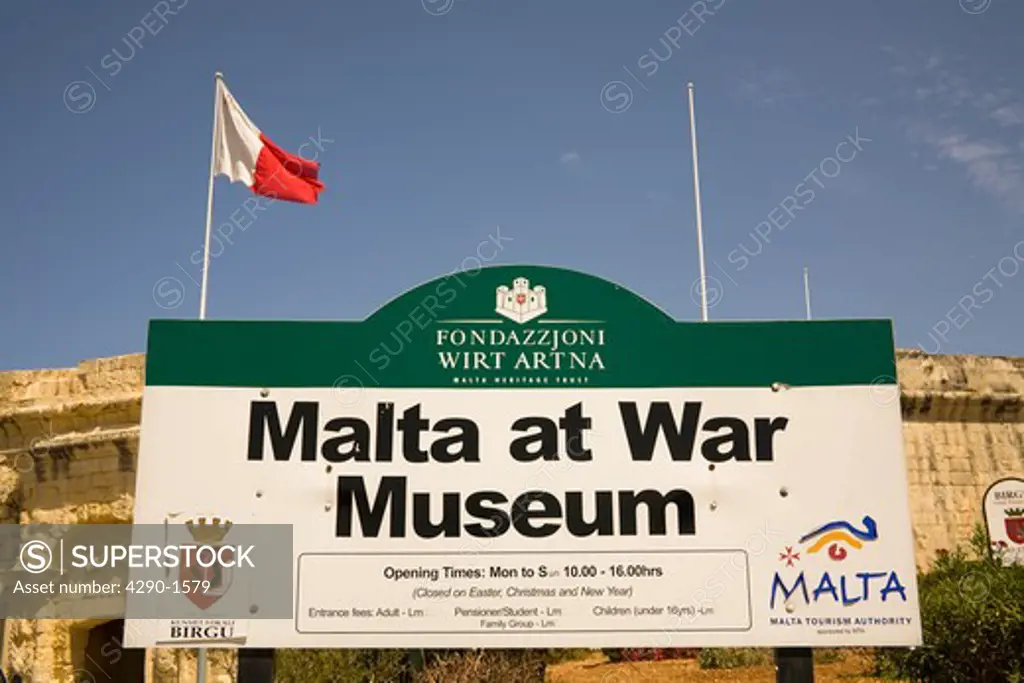 Malta at War Museum sign outside the Malta at War Museum, Vittoriosa, Valletta, Malta