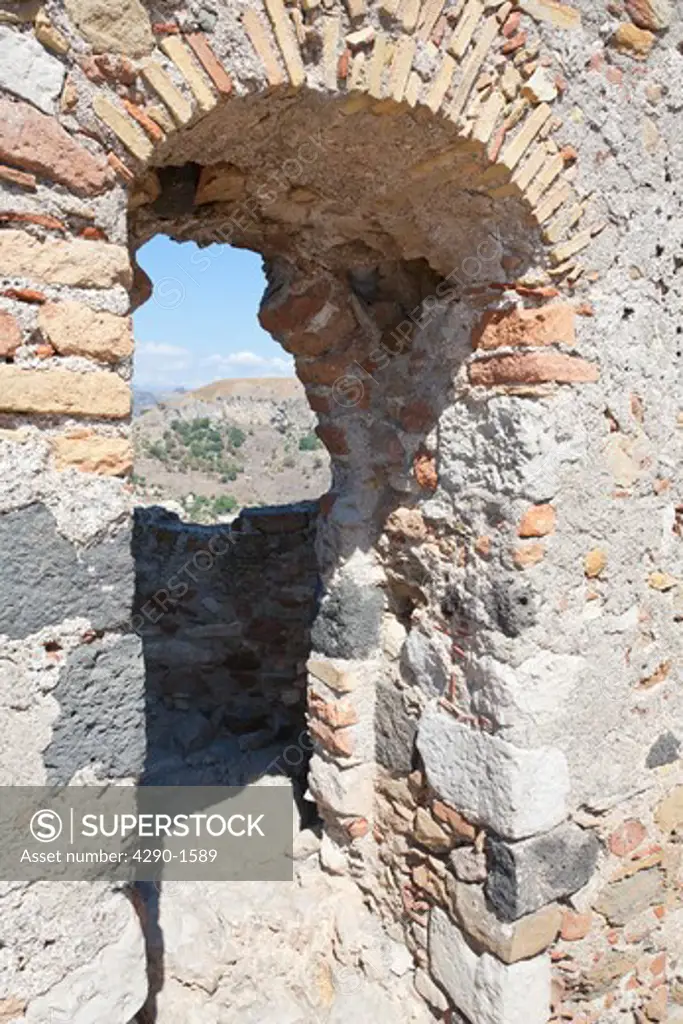 A doorway in the wall of Castelmola Castle, Castelmola, Sicily, Italy