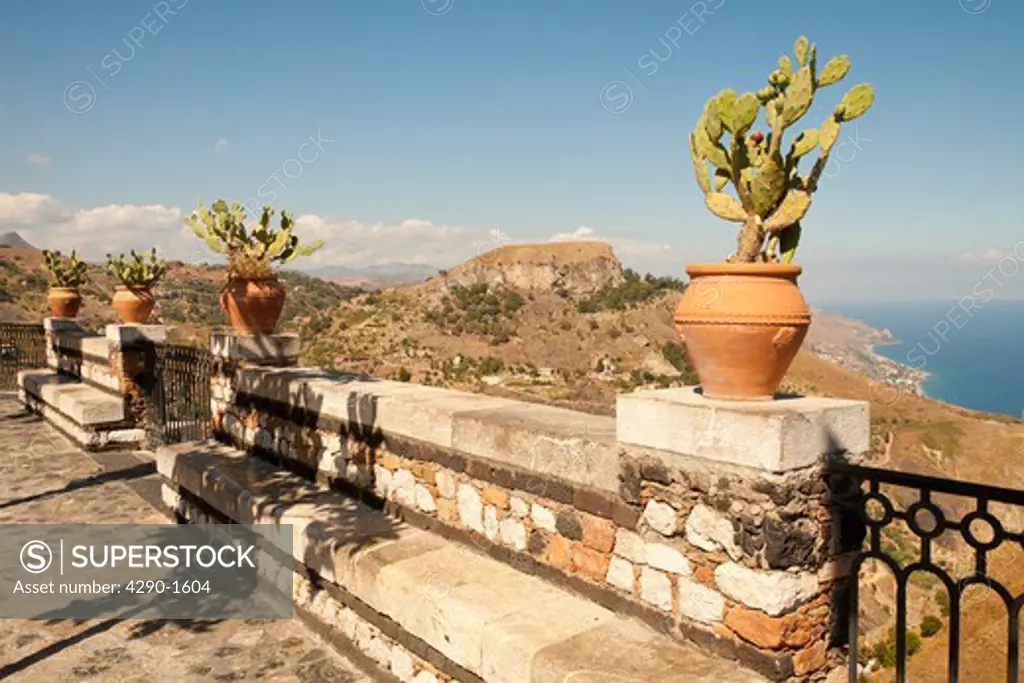 View of countryside and coastline from Castelmola, Sicily, Italy