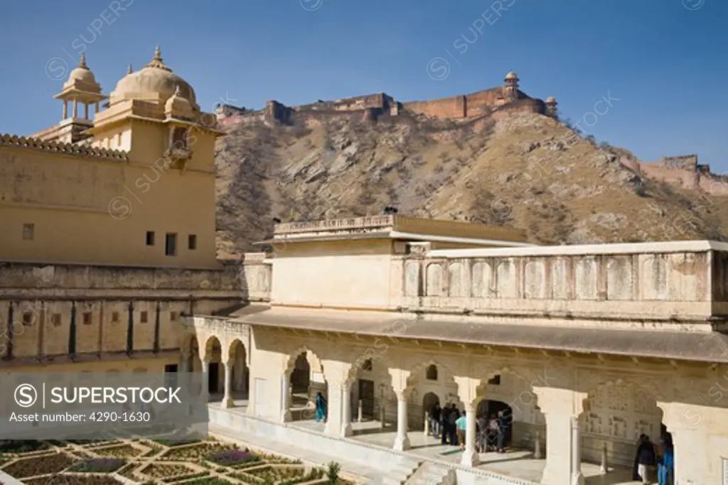 Sukh Mahal, in Amber Palace, also known as Amber Fort, Jaigarh Fort behind, Amber, near Jaipur, Rajasthan, India