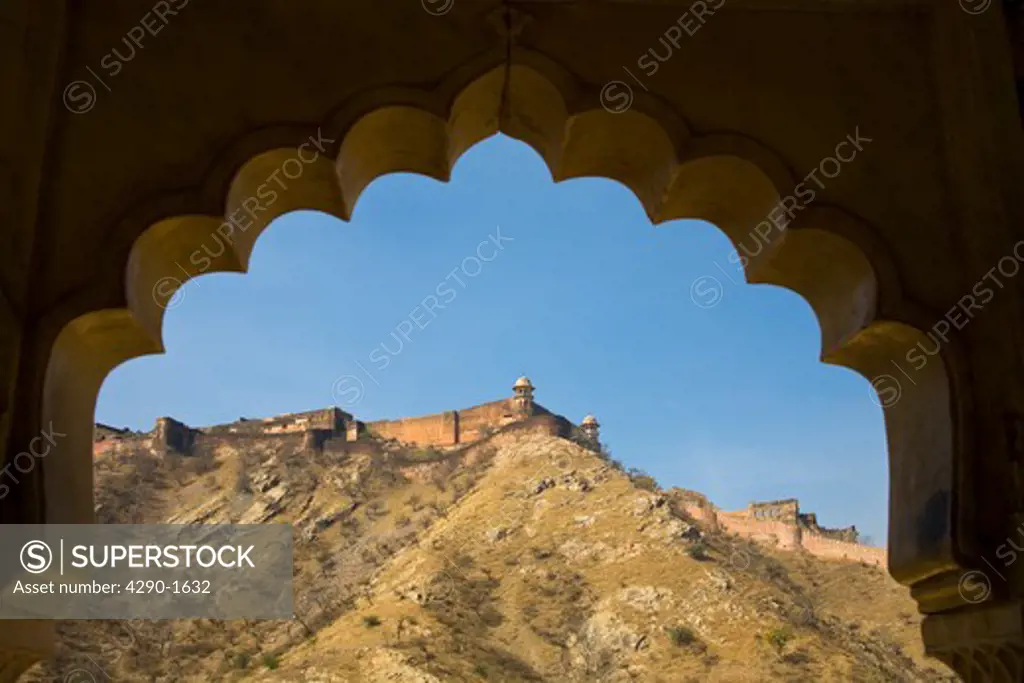 View of Jaigarh Fort from Amber Palace, also known as Amber Fort, Amber, near Jaipur, Rajasthan, India