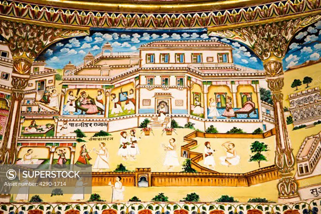 Colourful painting on interior wall, Bhandasar Jain Temple, Bikaner, Rajasthan, India