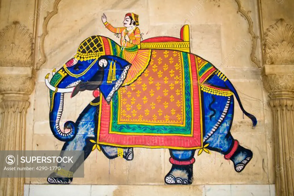 Colourful elephant painting, Shri Raj Ratan Bihari Mandir Temple, Bikaner, Rajasthan, India
