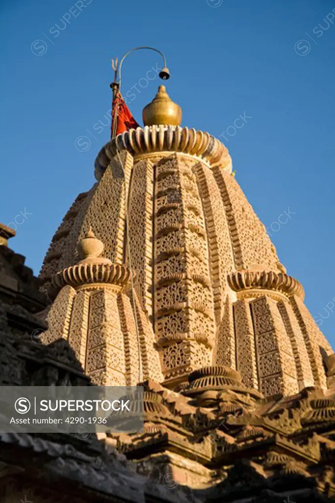 A colourful carved tower, Sachiya Mata Temple, Osian, near Jodhpur, Rajasthan, India
