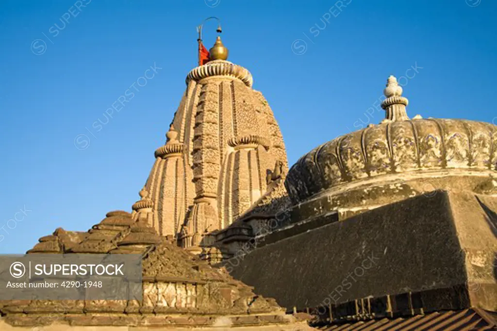 Carved tower, and dome, Sachiya Mata Temple, Osian, near Jodhpur, Rajasthan, India
