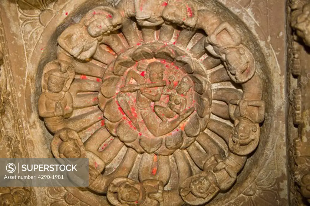 Stone carvings on ceiling, Sachiya Mata Temple, Osian, near Jodhpur, Rajasthan, India