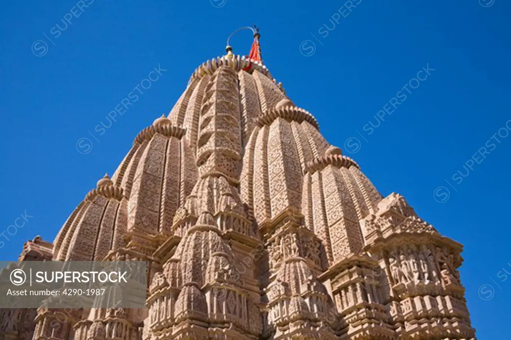 A sikhara tower at the top of Sachiya Mata Temple, Osian, near Jodhpur, Rajasthan, India