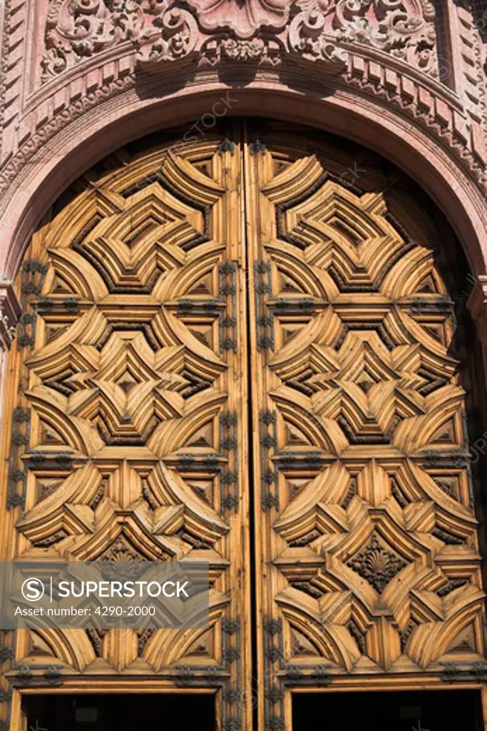 Wood carving above door, Iglesia de Santa Prisca, Santa Prisca Church, Plaza Borda, Zocalo, Taxco, Mexico