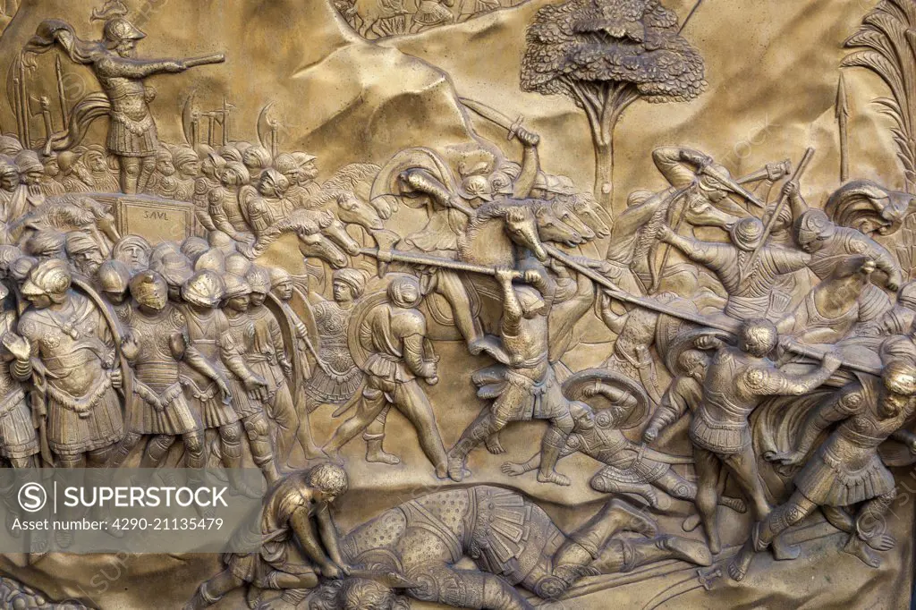 Florence Baptistery, David and Goliath bronze panel, East doors, Gates of Paradise, by Lorenzo Ghiberti, Florence, Italy