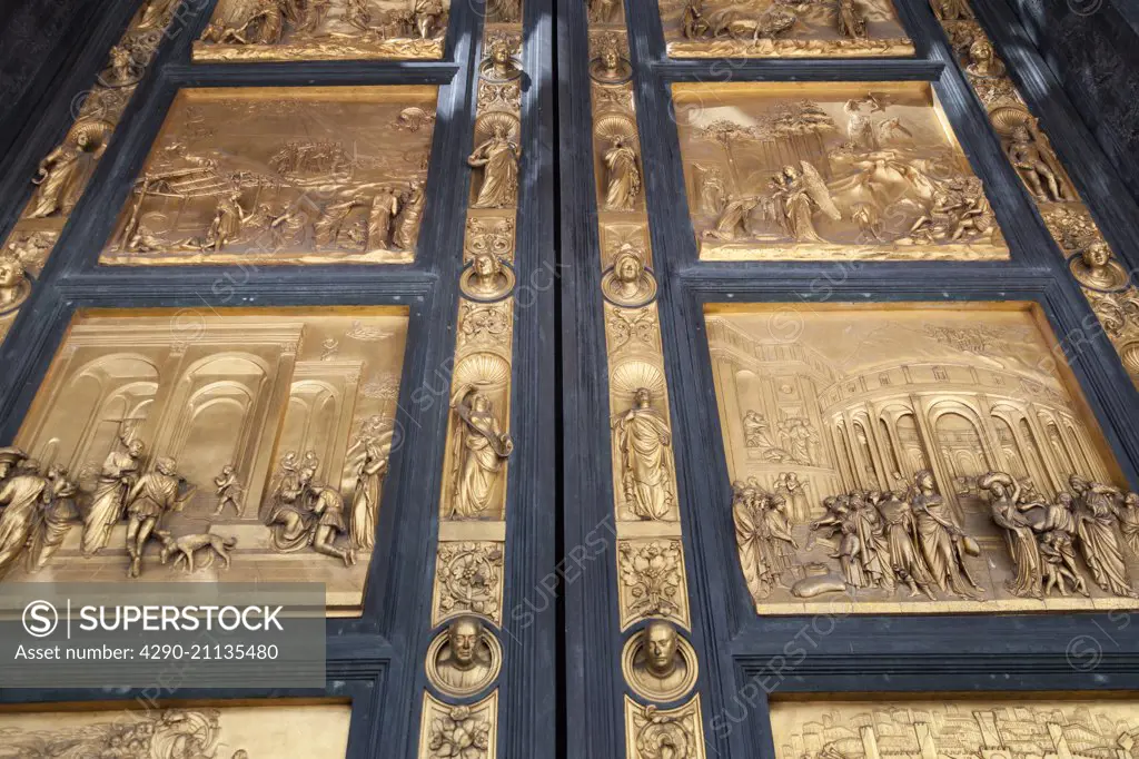 Florence Baptistery, bronze East doors, Gates of Paradise, by Lorenzo Ghiberti, Piazza Del Duomo, Florence, Italy