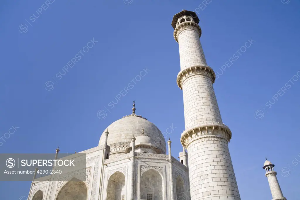 Two of the four minarets and dome of the Taj Mahal, Agra, Uttar Pradesh, India
