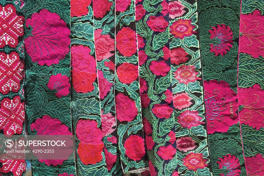 Colourful embroidered gifts for sale outside gift shop, Palenque, Chiapas, Mexico