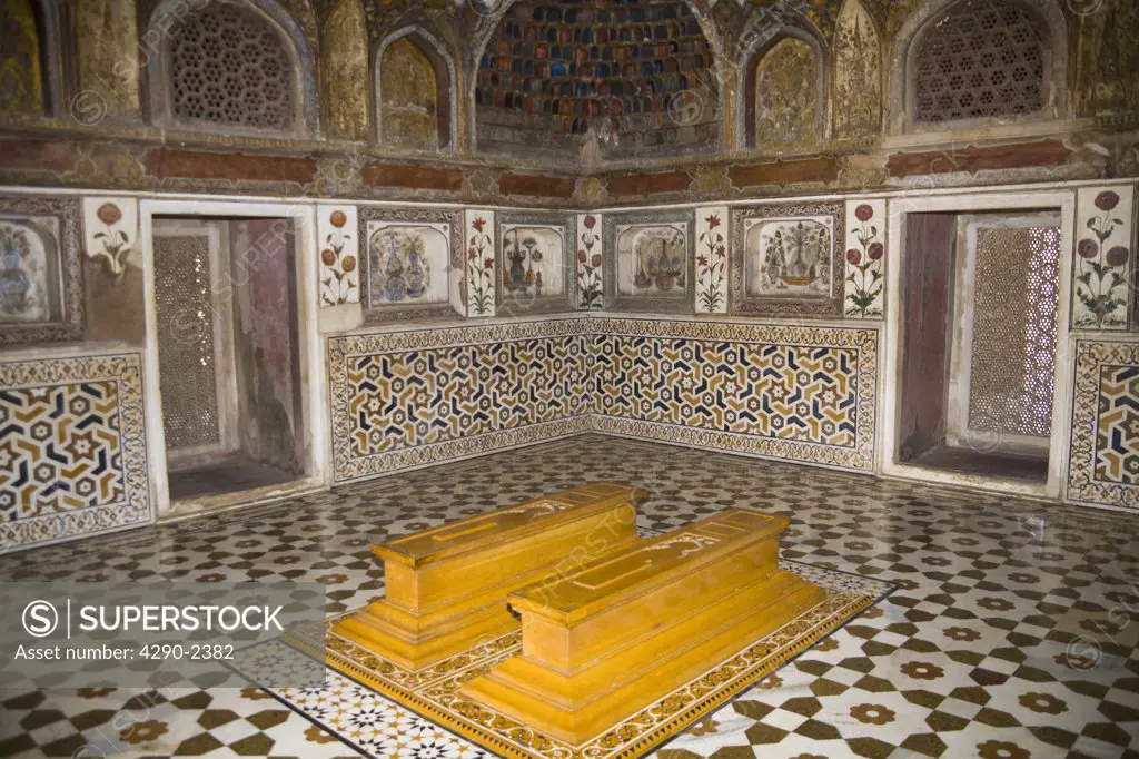 Tombs in the Itimad-ud-Daulah mausoleum, also known as the Baby Taj, Agra, Uttar Pradesh, India