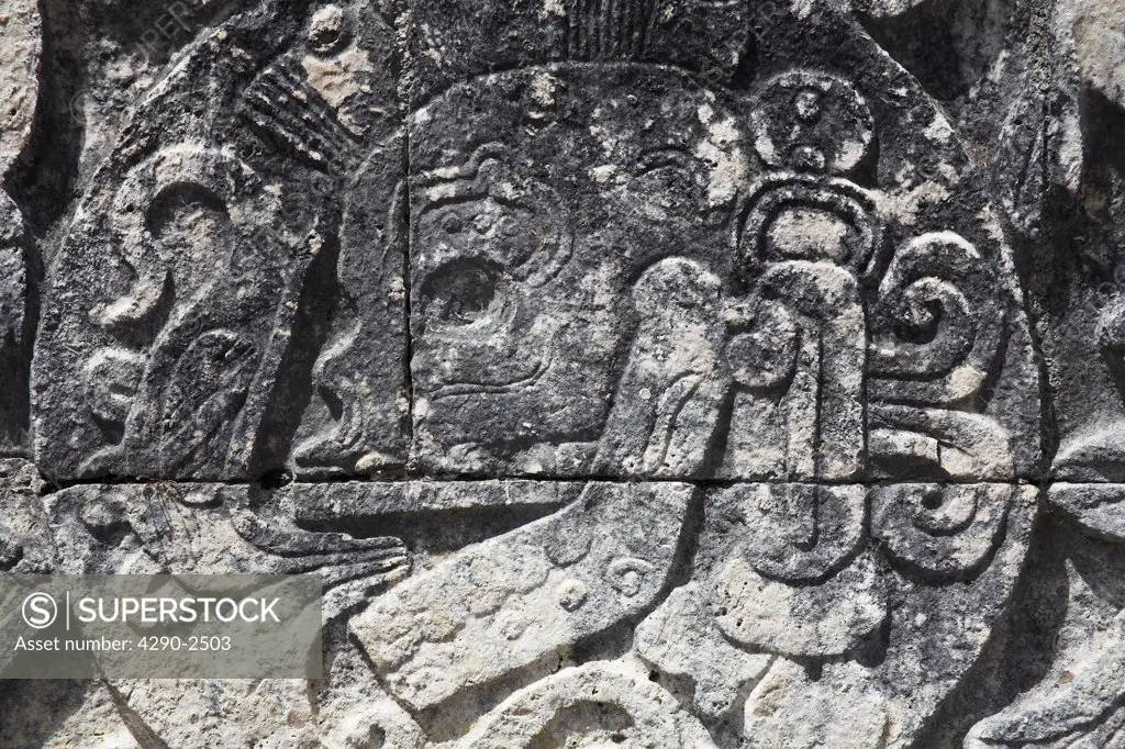 Wall detail, Juego de Pelota, Ball Court, Chichen Itza Archaeological Site, Chichen Itza, Yucatan State, Mexico