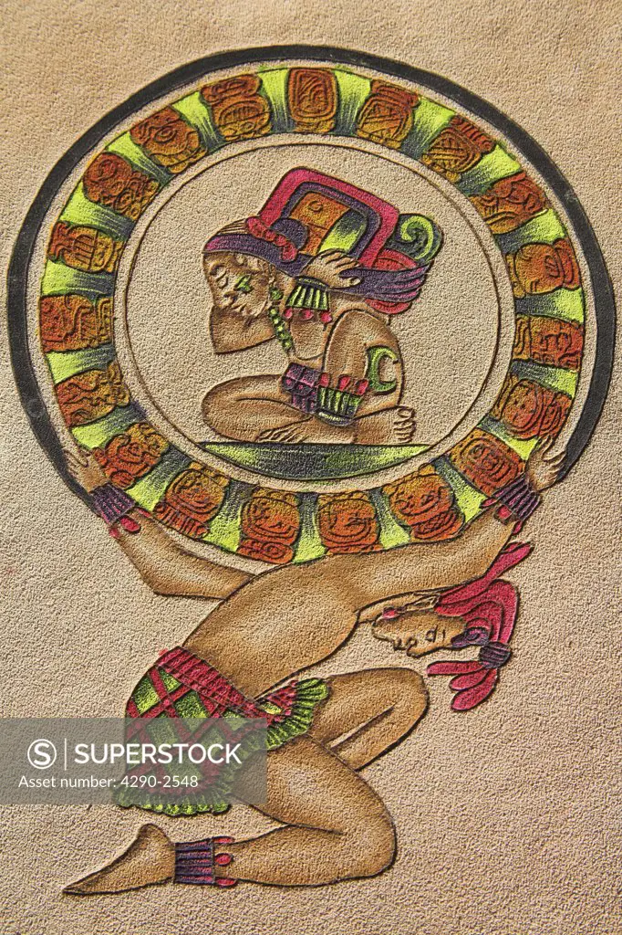 Maya painting on leather, Chichen Itza Archaeological Site, Chichen Itza, Yucatan State, Mexico