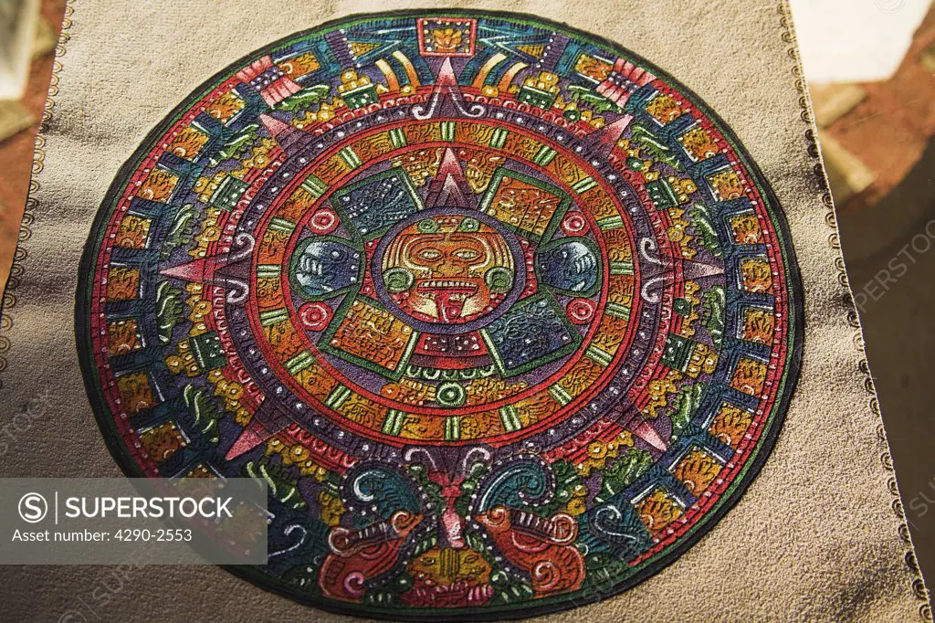 Aztec calendar on leather, Chichen Itza Archaeological Site, Chichen Itza, Yucatan State, Mexico