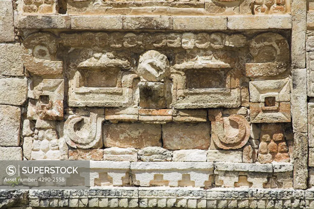Wall detail, Edificio de las Monjas, The Nunnery, Chichen Itza Archaeological Site, Chichen Itza, Yucatan State, Mexico