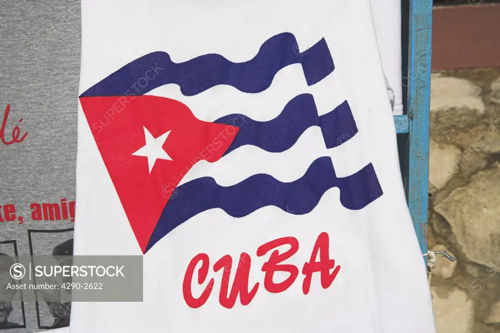 Cuban flag printed on a T-shirt in the Craft Market, Guardalavaca, Holguin Province, Cuba