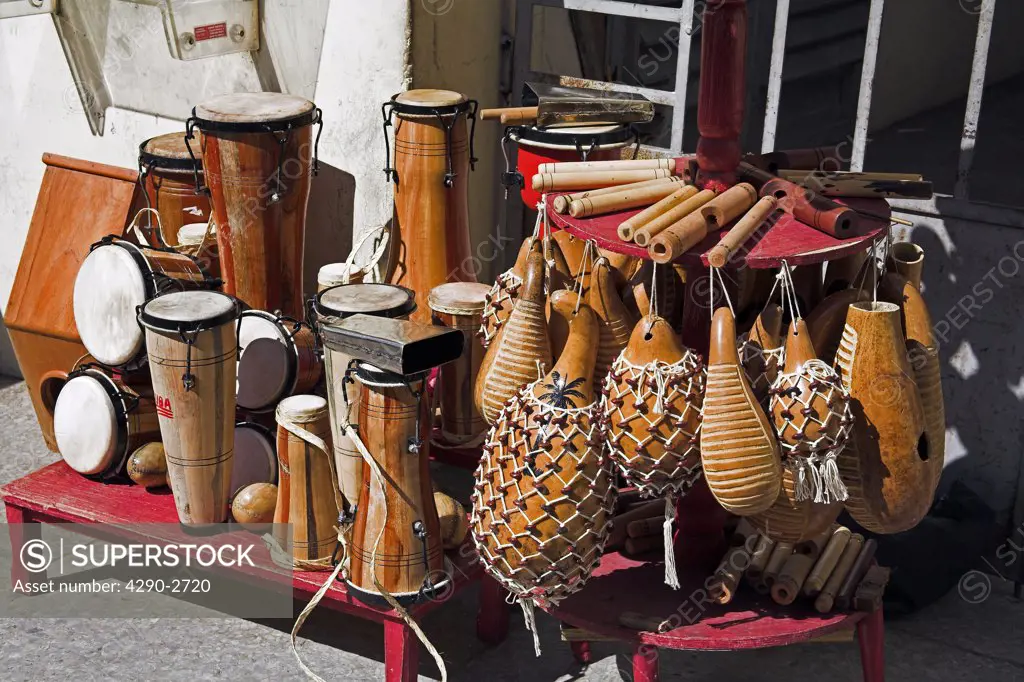 Huiros, bongo drums, and other musical instruments for sale, Santiago de Cuba, Cuba